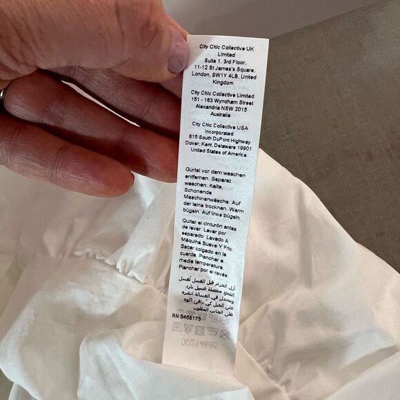 City chic NWT Emily ivory white collared sort sleeve bubble hem belted shirt dre - Picture 12 of 13